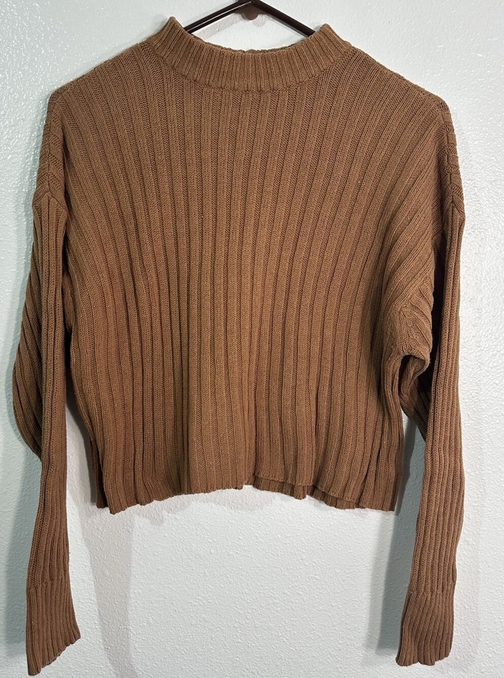 American Eagle Women’s Small Brown Ribbed Knit Mock Neck Cropped Sweater Cotton